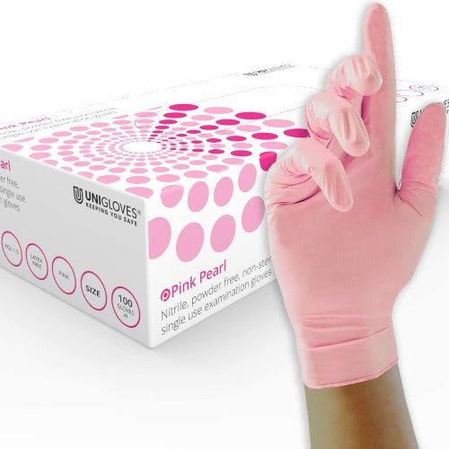 Uniglove Nitrile Pink Gloves, Powder Free, Latex Free.